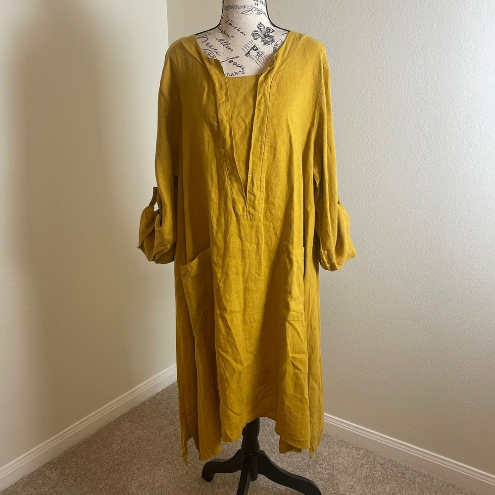 le Paris Petit Linen Tunic Dress Yellow Long Sleeve L Lagen look‎ minimalist